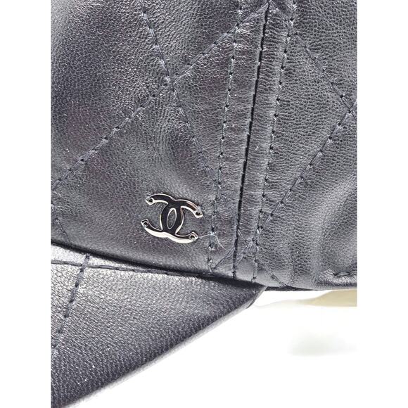 Chanel CC Logo Quilted Lambskin Leather Baseball Cap Hat Black Medium 15B Rare main image 13